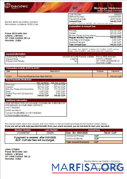 Blank Cuba BANDEC bank mortgage statement scr sample